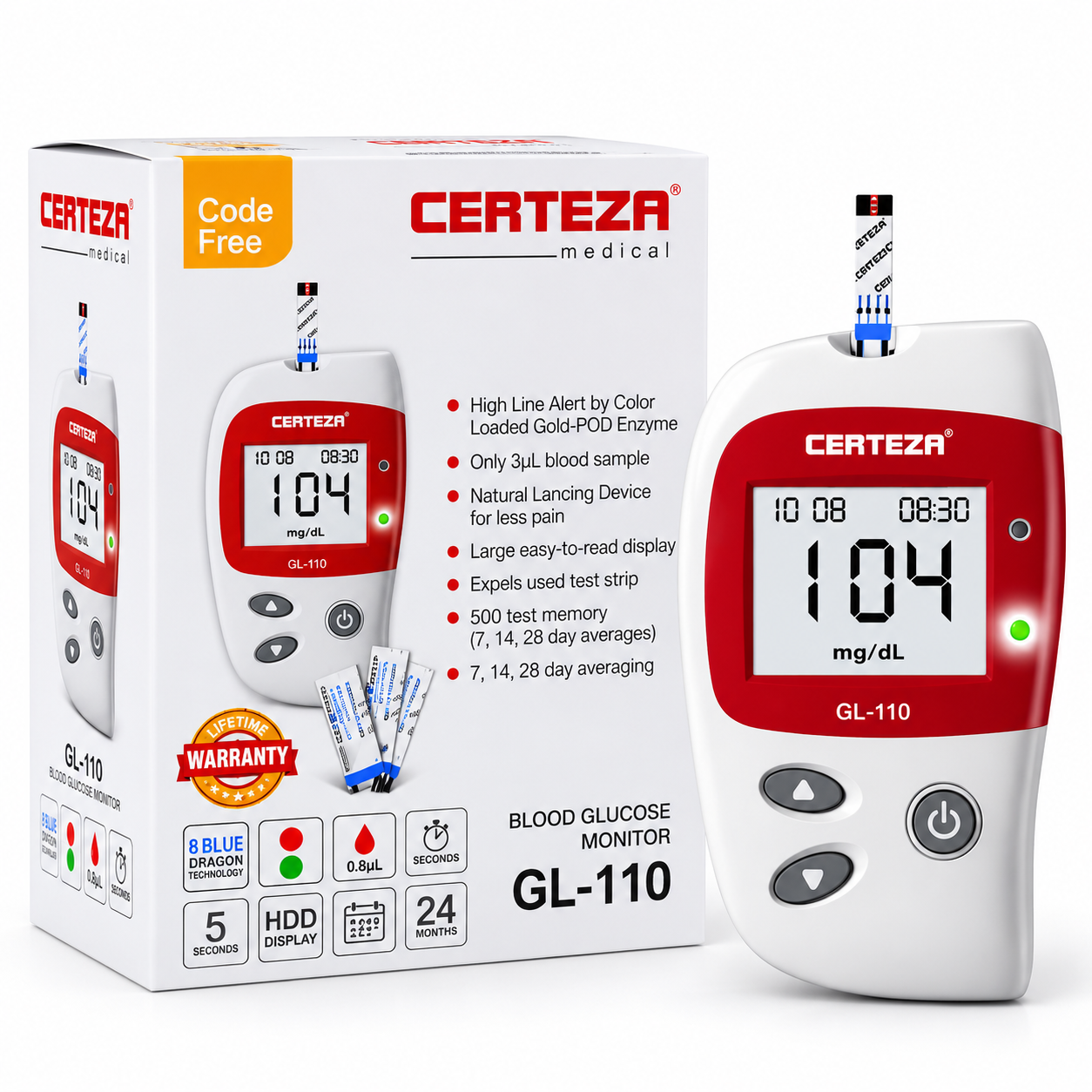 Certeza GL-110 Code-Free Blood Glucose Monitor – Digital Glucometer