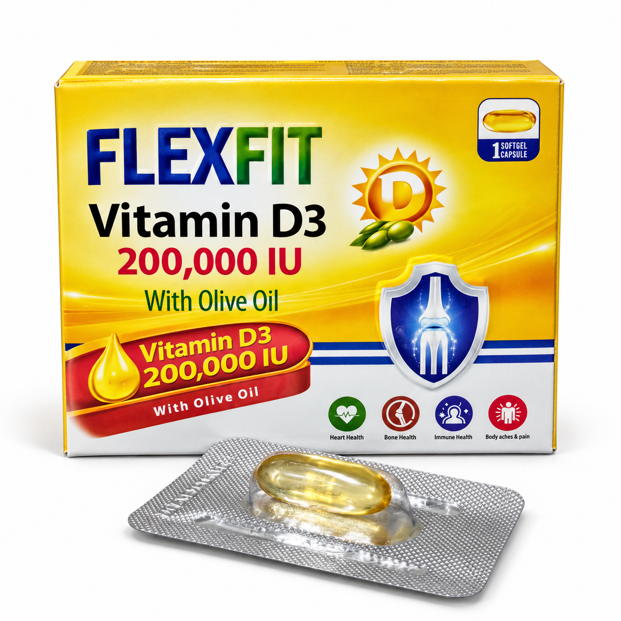 Flexefit Vitamin D3 200,000 IU with Olive Oil – 1 Softgel Capsule