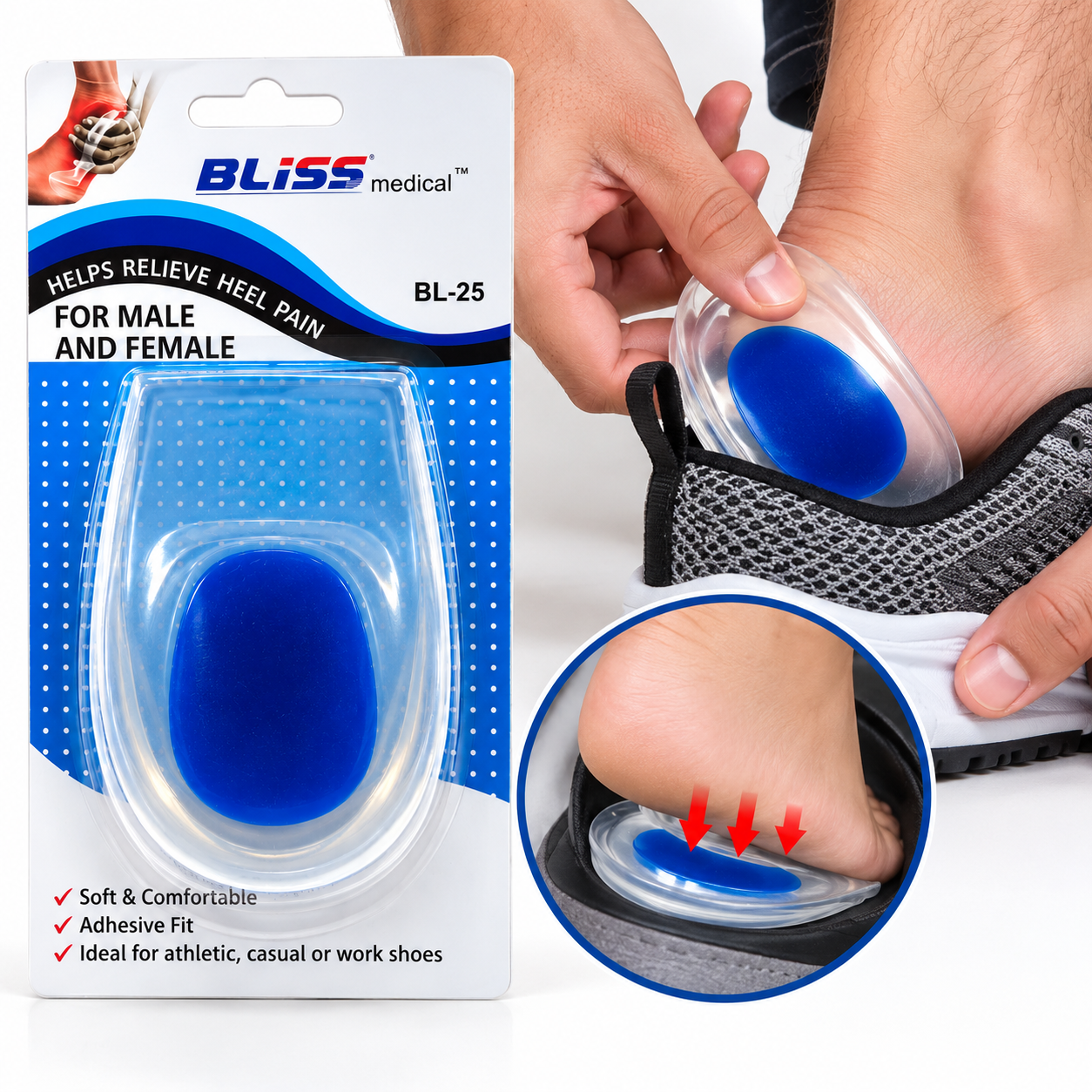 BLISS Medical BL-25 Gel Heel Cups – Heel Pain Relief Inserts for Men & Women - Image 2