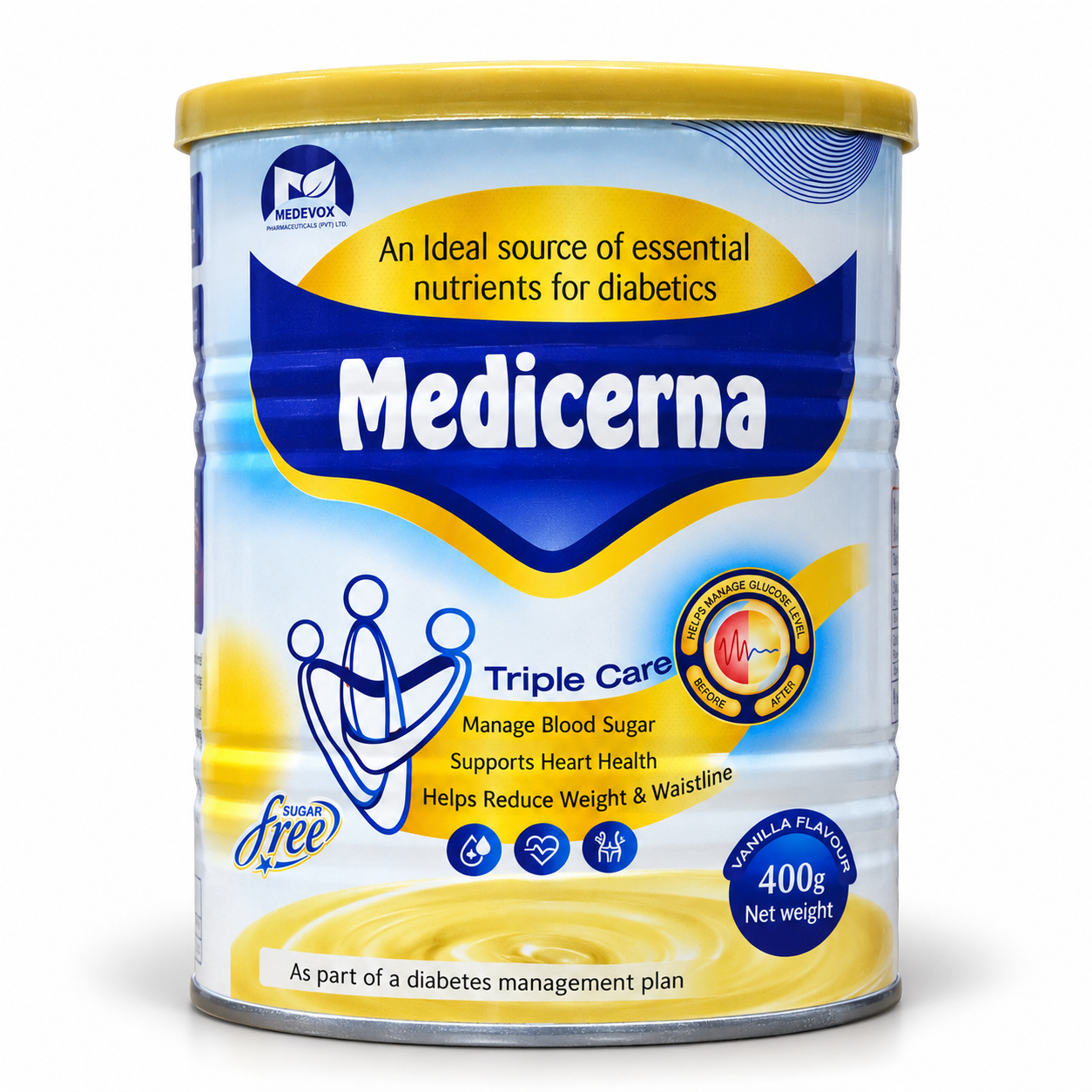 Medicerna Triple Care Diabetes Nutritional Supplement Powder – Vanilla Flavour, 400g - Image 4